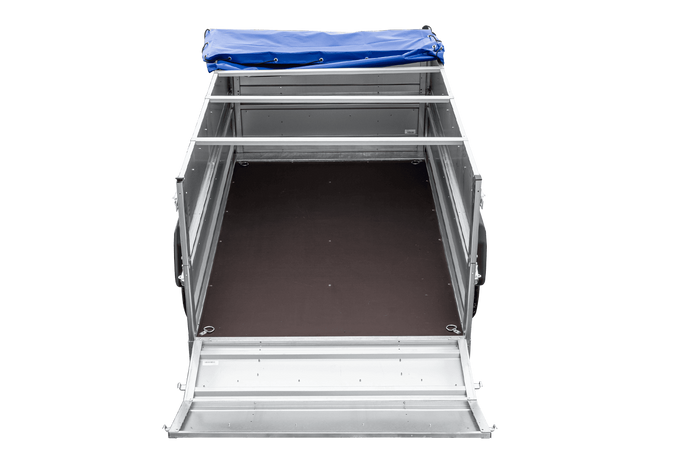 Leichter Anhänger 230x125 UNITRAILER FORCE 230 KIPP mit BIS-Seitenwänden, H-0-Rahmen und blauer Plane
