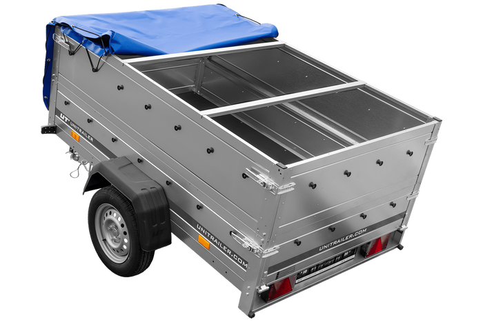 PKW-Anhänger 200x125 UNITRAILER GARDEN 201 KIPP mit Bordwandaufsatz und blauer Flachplane