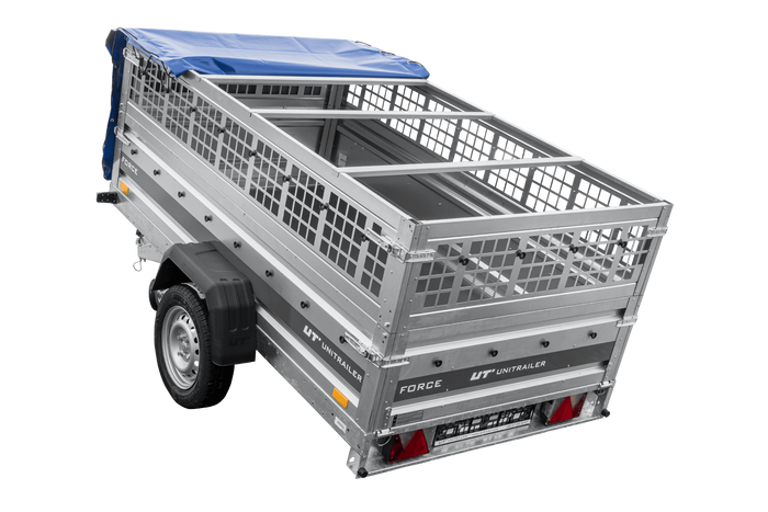 Einachsanhänger 230x125 UNITRAILER FORCE 230 KIPP mit Gitterseitenwänden, H-0-Rahmen und blauer Plane